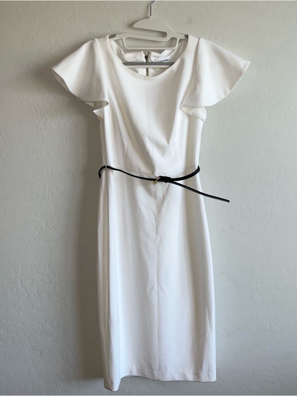Calvin Klein Women’s White Classic Sheath Midi Dress with Black Belt Size 4